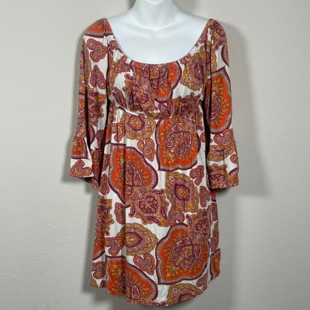 Voom by Joy Han Mini Tunic Dress M Orange Paisley Boho Hippie 70s Bell Sleeve